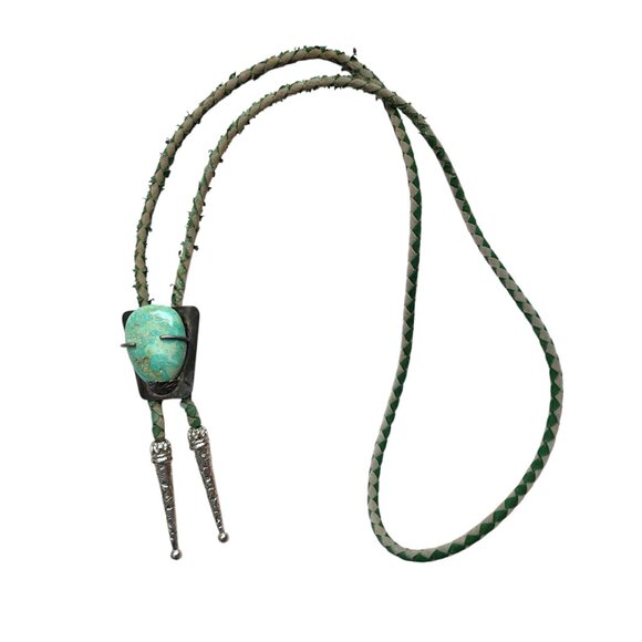VINTAGE Southwestern Bolo Tie Green Turquoise‎ Stone Braided Leather Silver - Picture 2 of 8